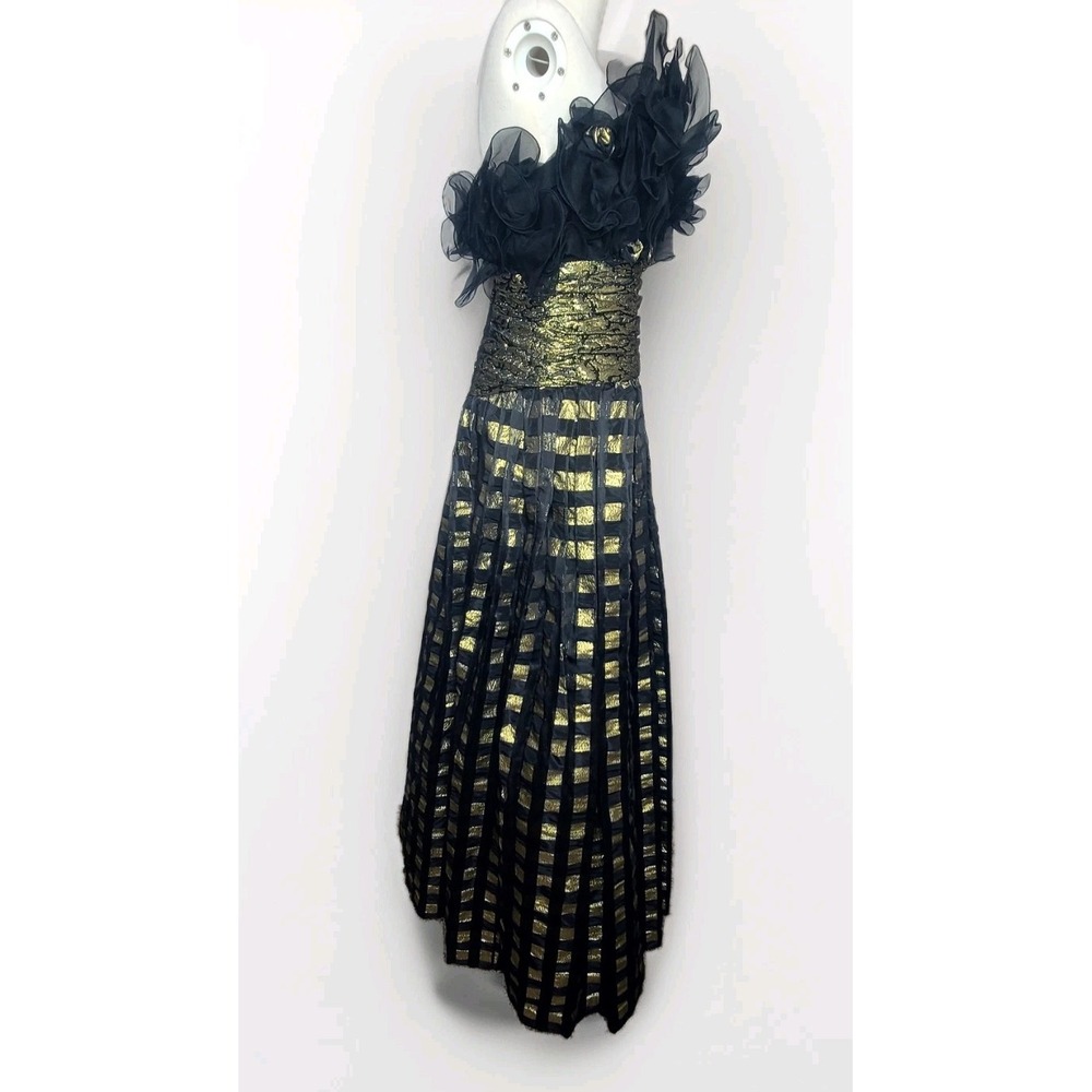 Vtg Eugene Alexander Black Gold Evening Formal Maxi Pleated Ruffle Top Dress 4 - Picture 4 of 8